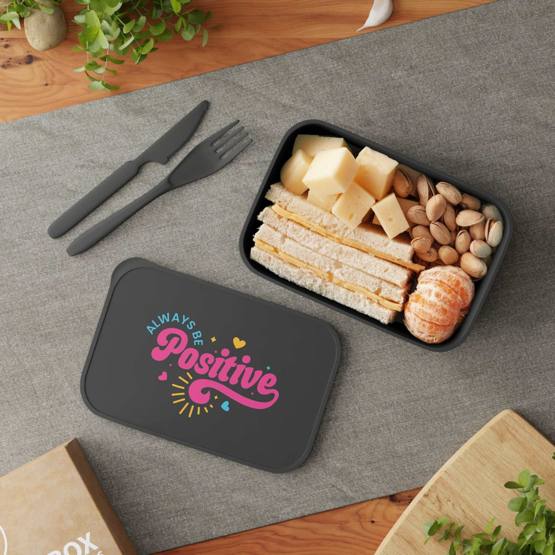 Black PLA bioplastic Be Positive Bento Box with colorful text