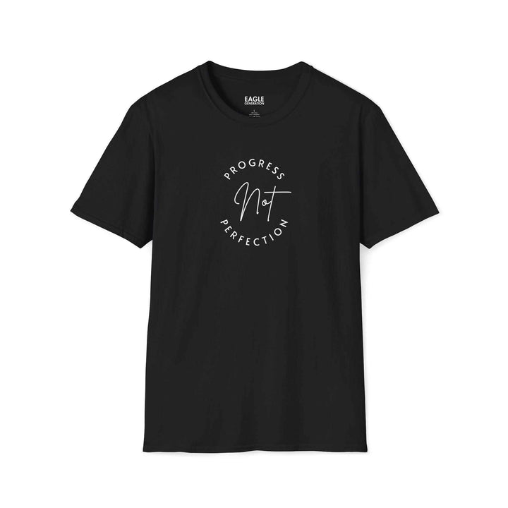 Black unisex Progress T-Shirt with "Progress Not Perfection" text, made of soft 100% cotton, classic fit crew neck, durable twill tape shoulders, tear-away label.