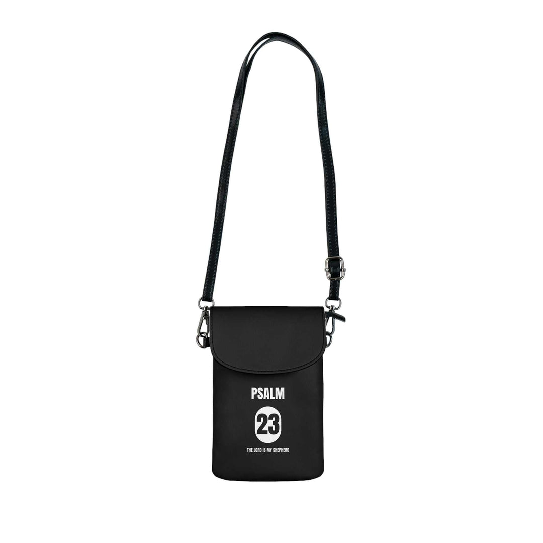 Black Psalm 23 cell phone wallet with adjustable strap and flip-up compartments for cards and essentials