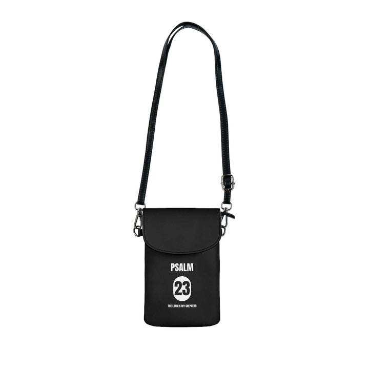 Black Psalm 23 cell phone wallet with adjustable strap and flip-up compartments for cards and essentials
