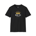 Black Rich Mindset T-shirt with gold crown graphic and white bold text made of 100% cotton