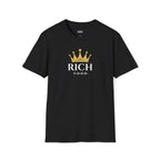 Black Rich Mindset T-shirt with gold crown graphic and white bold text made of 100% cotton