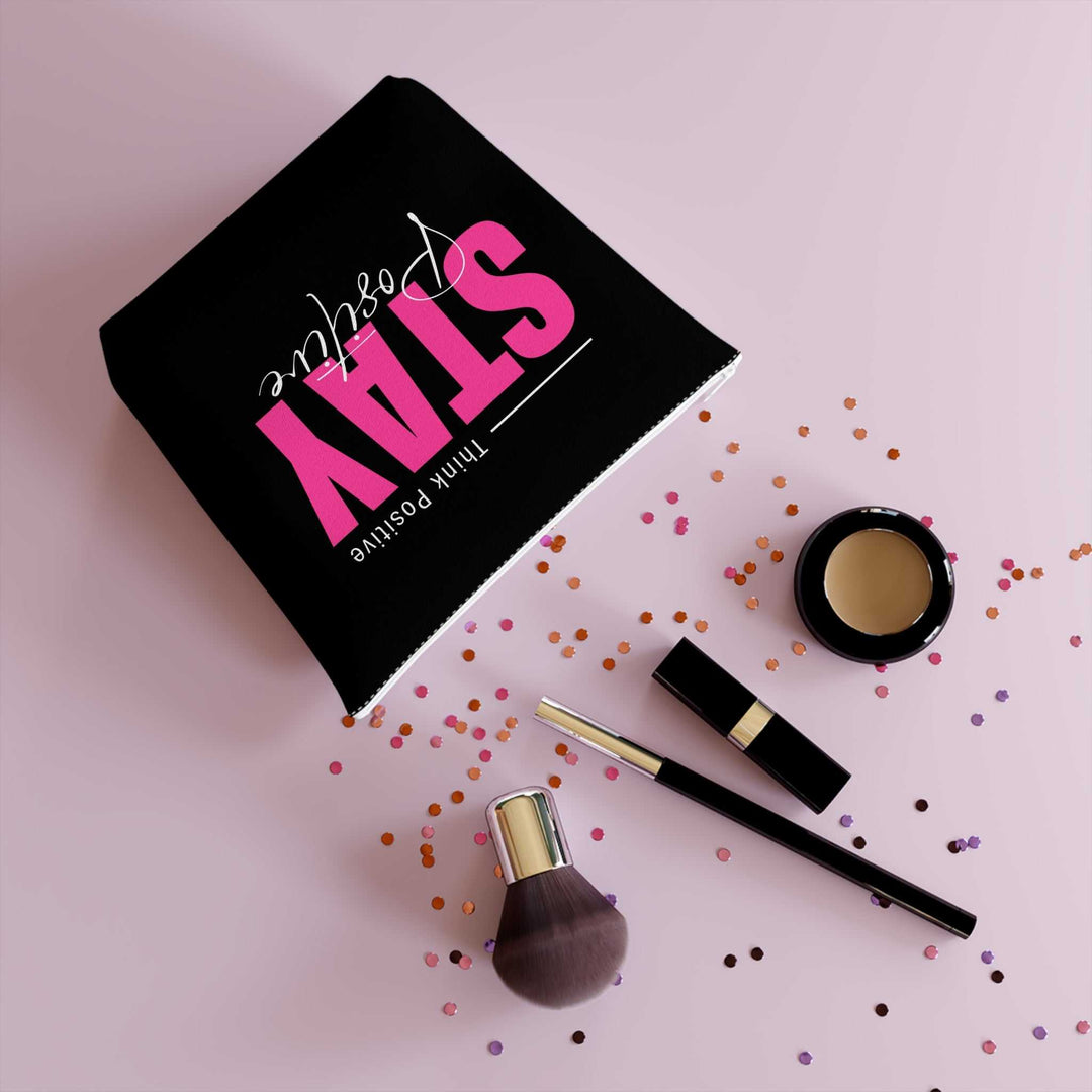 Black Stay Positive Cosmetic Bag with pink and white text