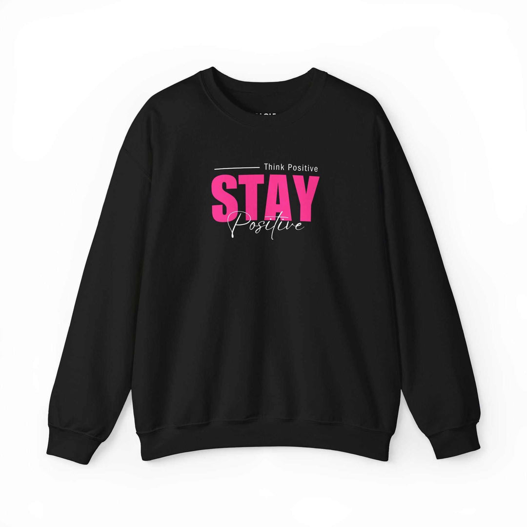 Black Stay Positive sweatshirt with bold pink and white motivational text, classic fit, made of cotton and polyester blend