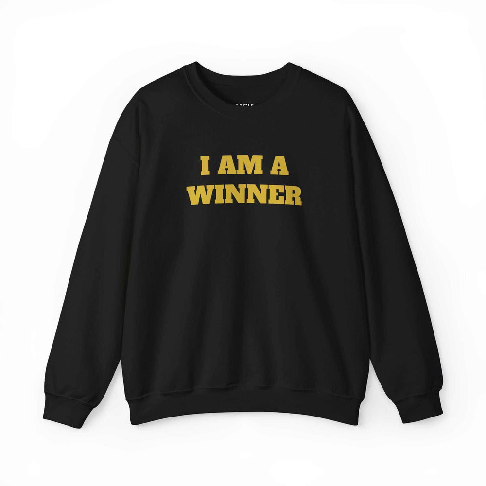 Black sweatshirt with yellow "I AM A WINNER" text, classic fit, cotton and polyester blend