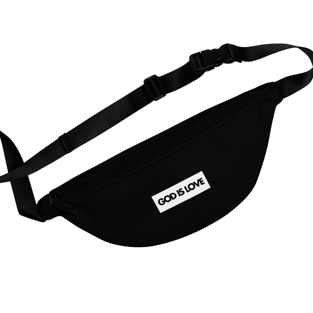 Black adjustable God Is Love fanny pack with zipper pockets