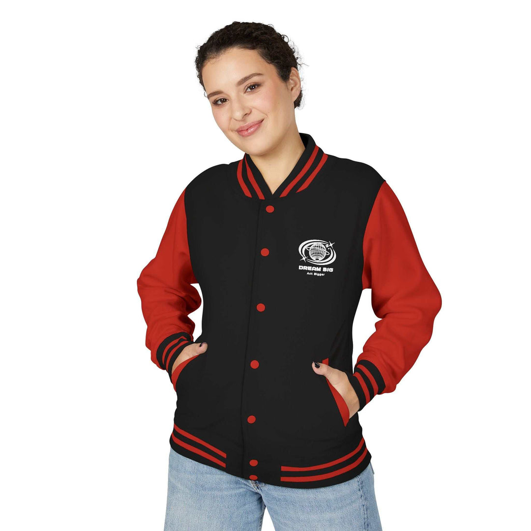 Woman wearing black and red Dream Big jacket with striped collar and cuffs, made of cotton and polyester blend.