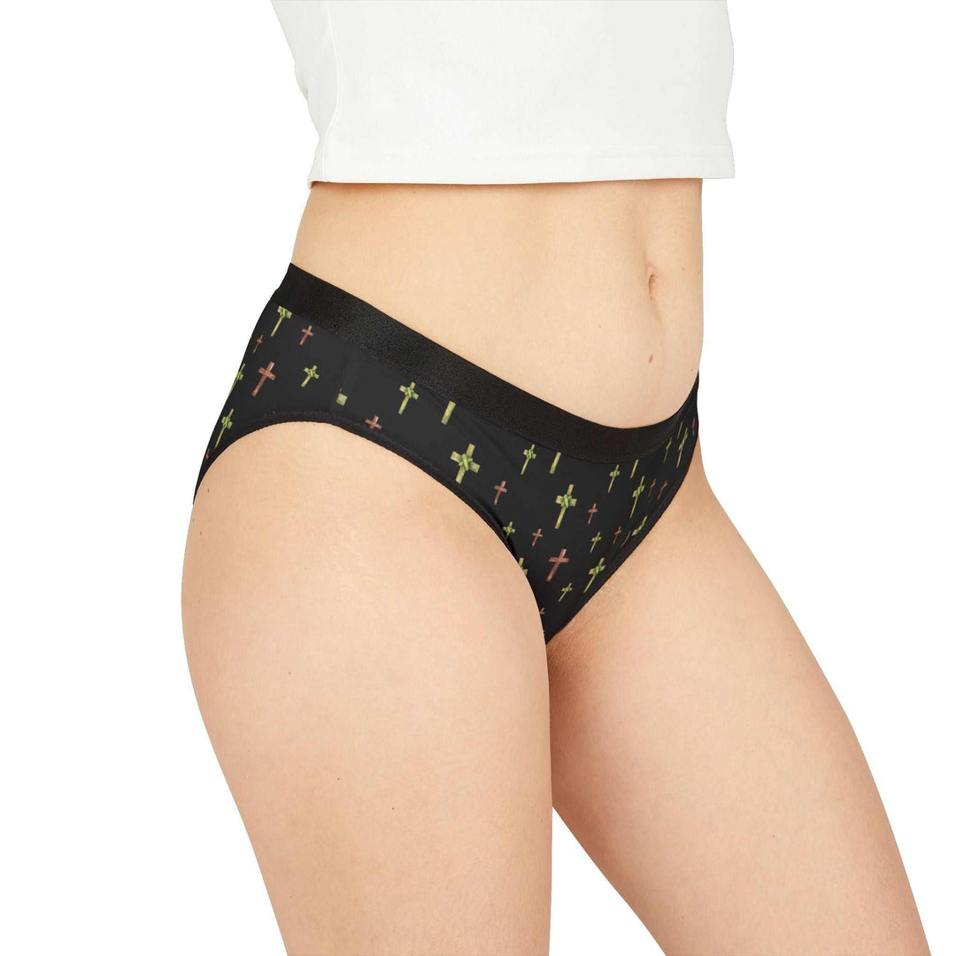 Black briefs with colorful cross prints, breathable antimicrobial fabric
