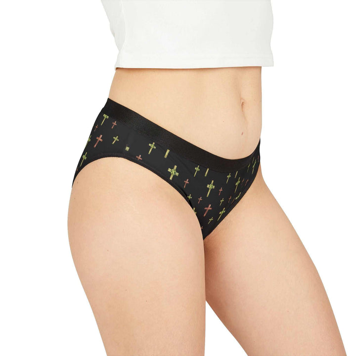 Black briefs with colorful cross prints, breathable antimicrobial fabric