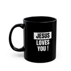 Black ceramic Jesus Loves You mug with glossy finish and C-shaped handle