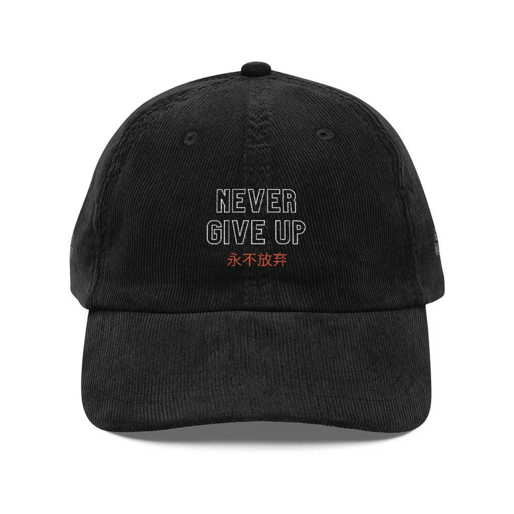 Black corduroy Never Give Up Cap with embroidered text