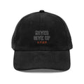 Black corduroy Never Give Up Cap with embroidered text