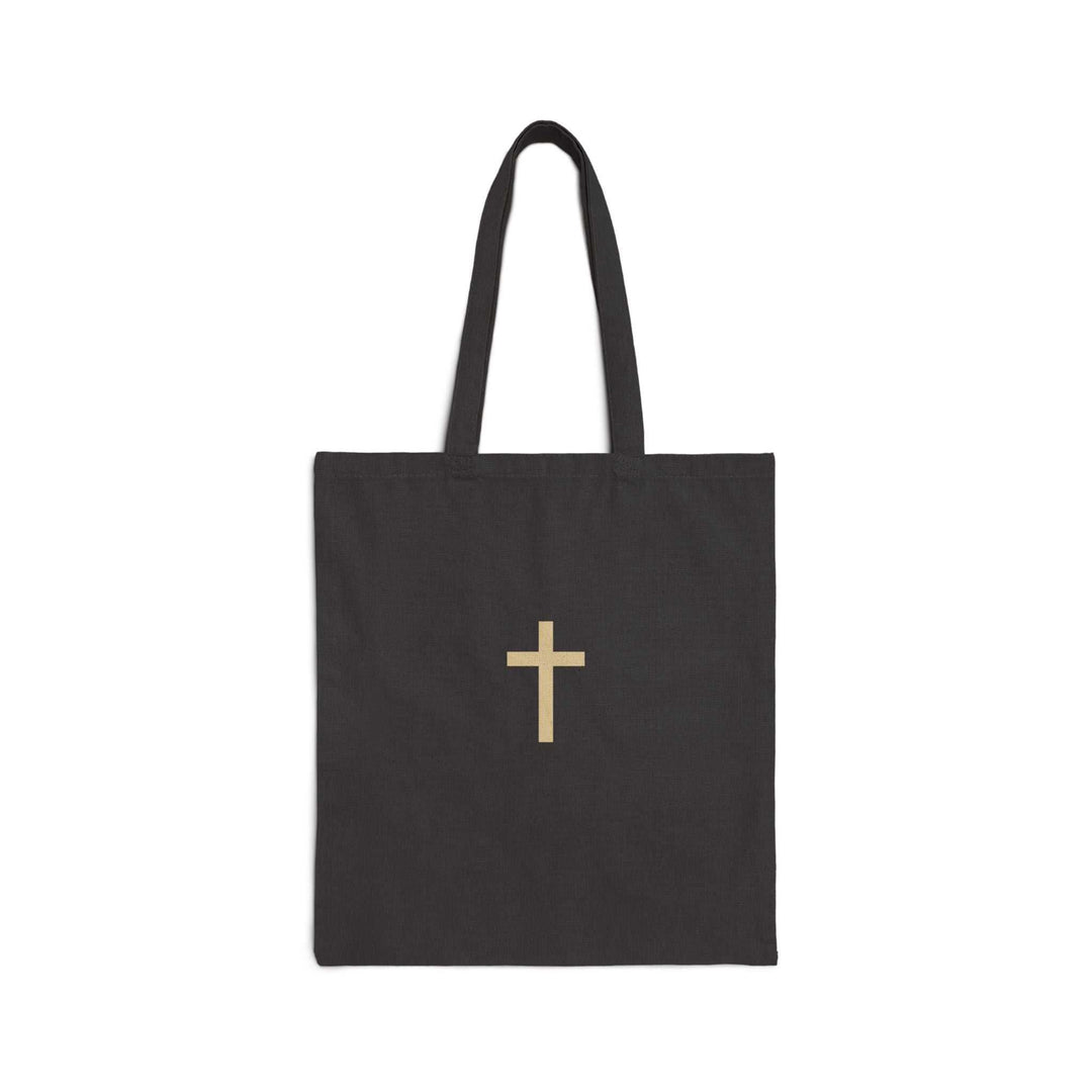 Black cotton canvas tote bag with beige Christian cross design