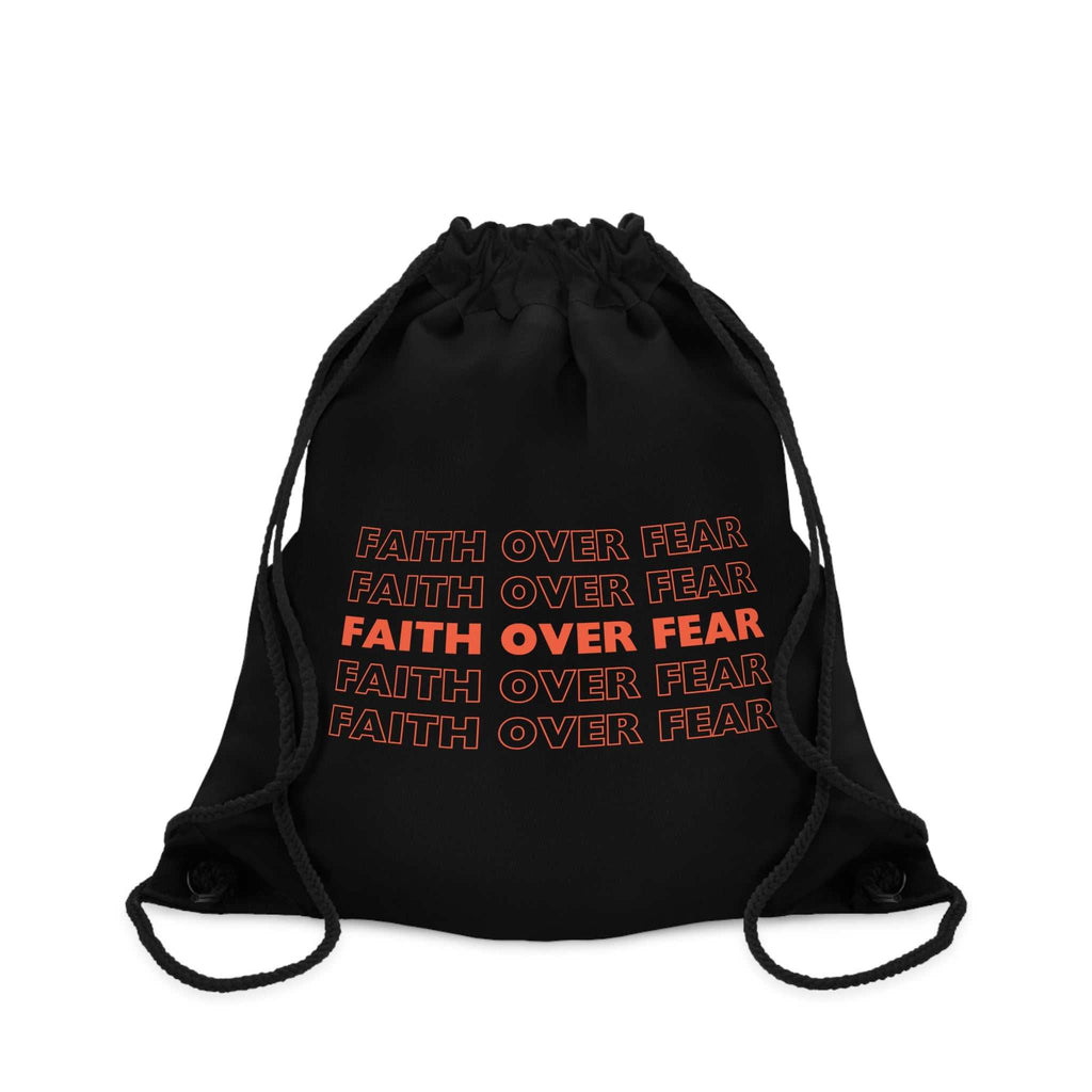 Black Faith Over Fear drawstring bag with bold orange text, lightweight polyester material, internal zipper pocket, and fully lined interior.
