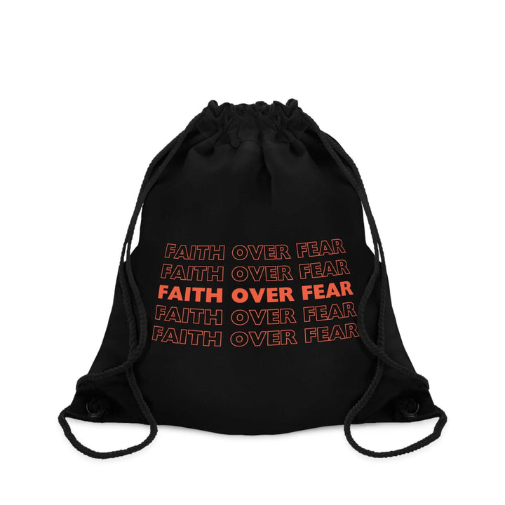 Black Faith Over Fear drawstring bag with bold orange text and sturdy drawstrings, lightweight and practical with interior zipper pocket
