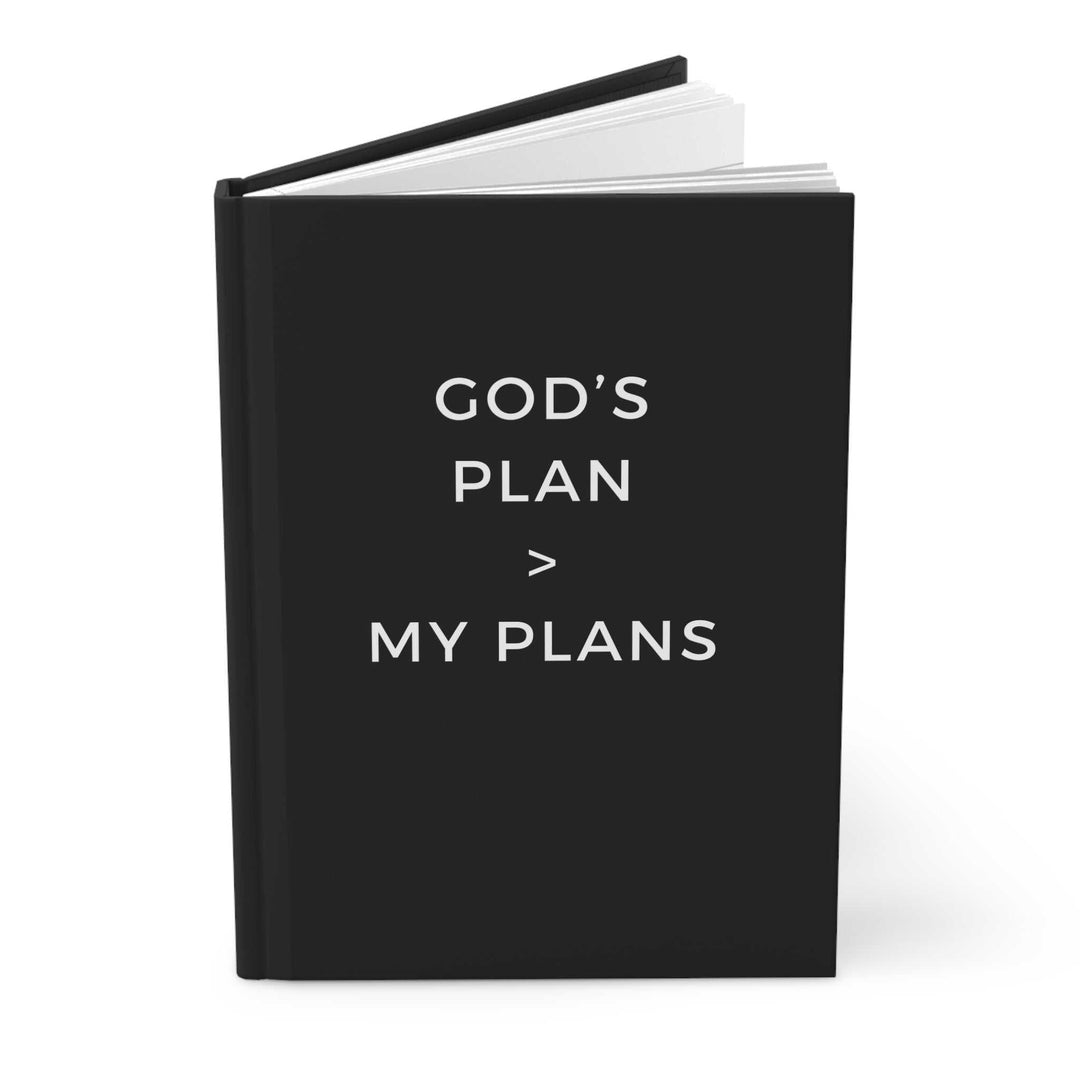 Black hardcover journal with "God's Plan > My Plans" text, 150 lined pages, matte finish, spiritual growth journal