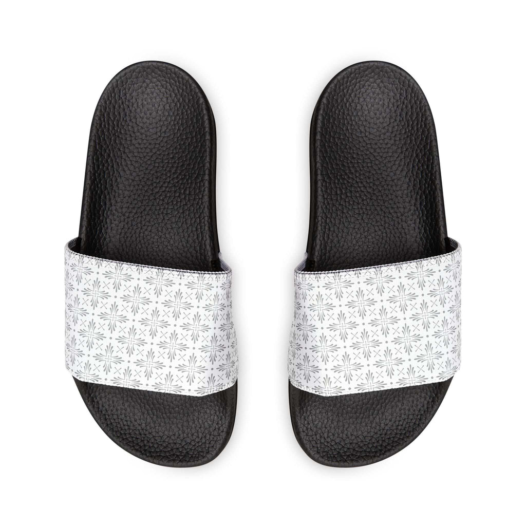 Black men's Christian sandals with white patterned neoprene straps