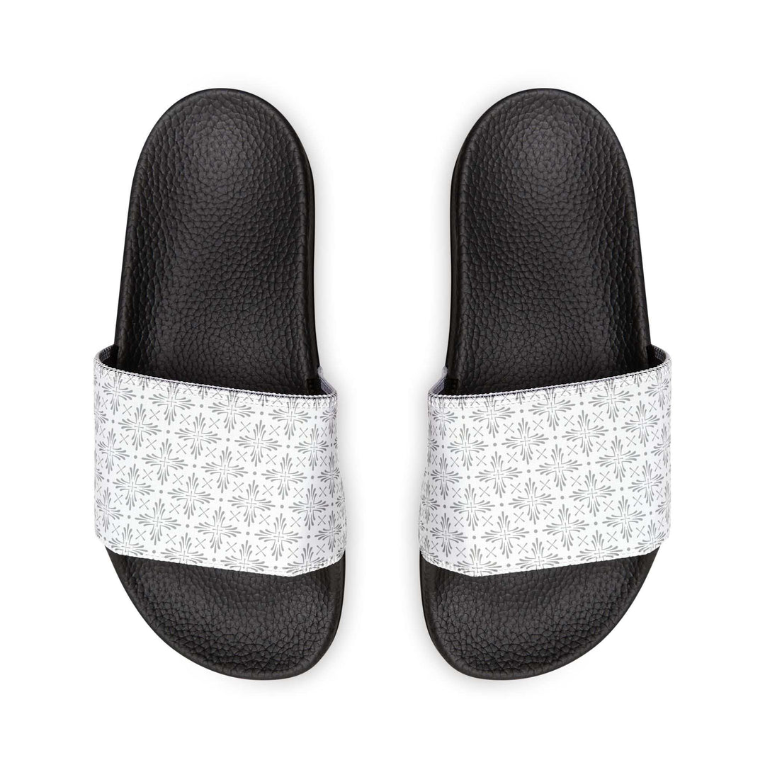 Black men's Christian sandals with white patterned neoprene straps