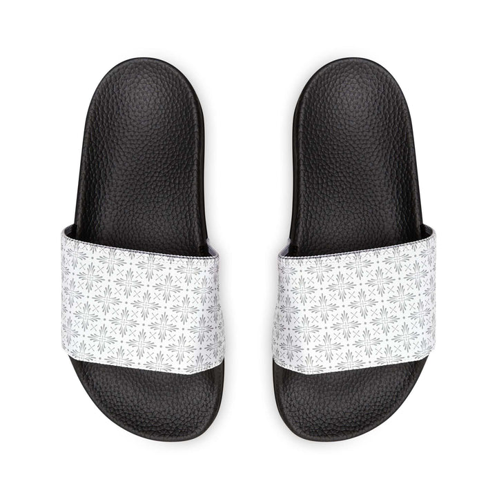 Black men's Christian sandals with white patterned neoprene straps