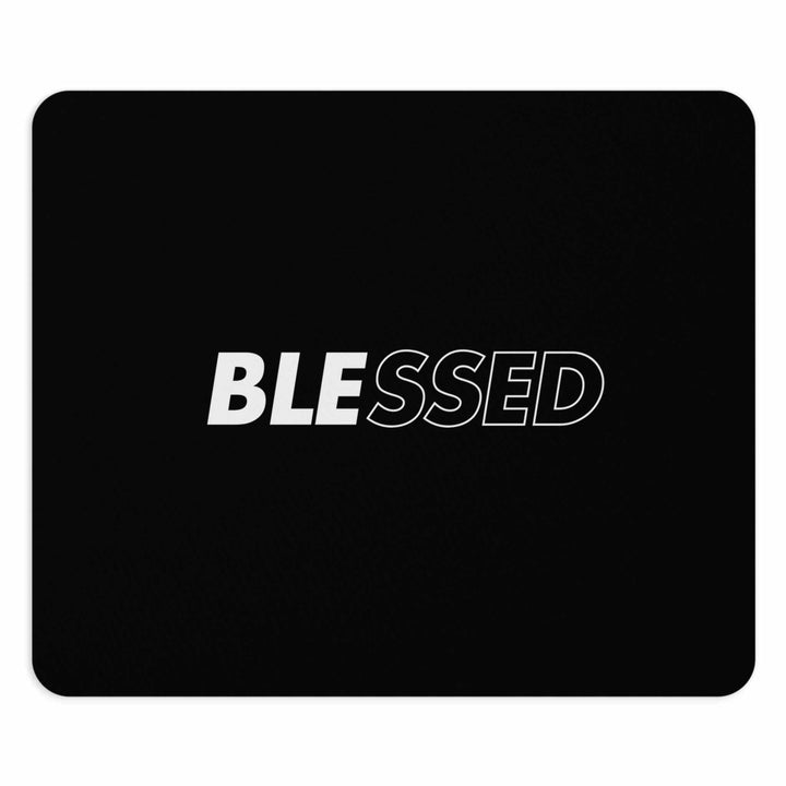 Black mouse pad with "BLESSED" text in white