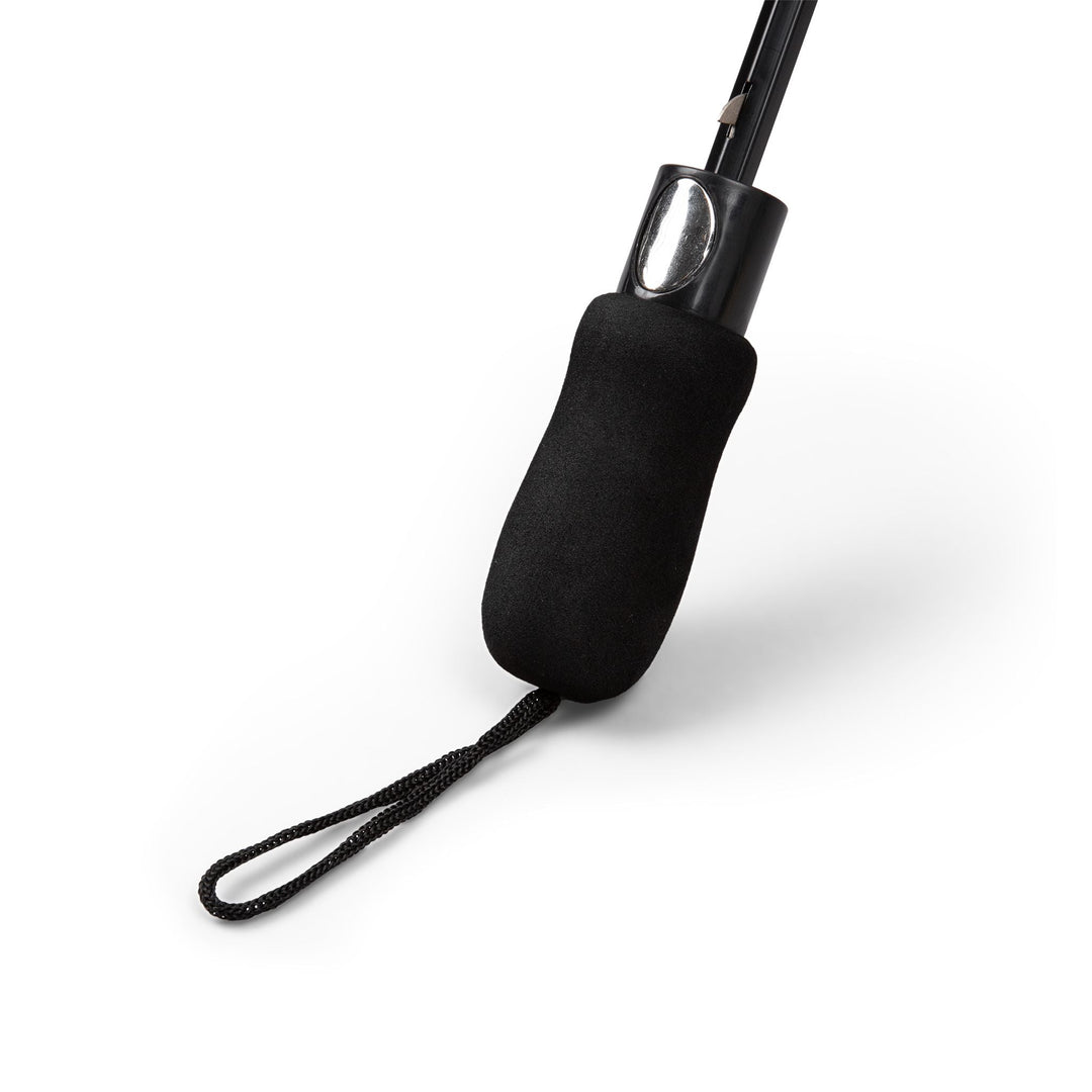 Black rubber handle with wrist strap on colorful crosses umbrella