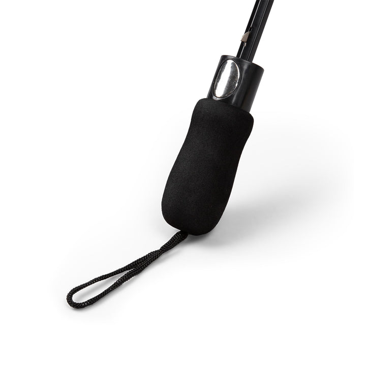 Black rubber handle with wrist strap on colorful crosses umbrella