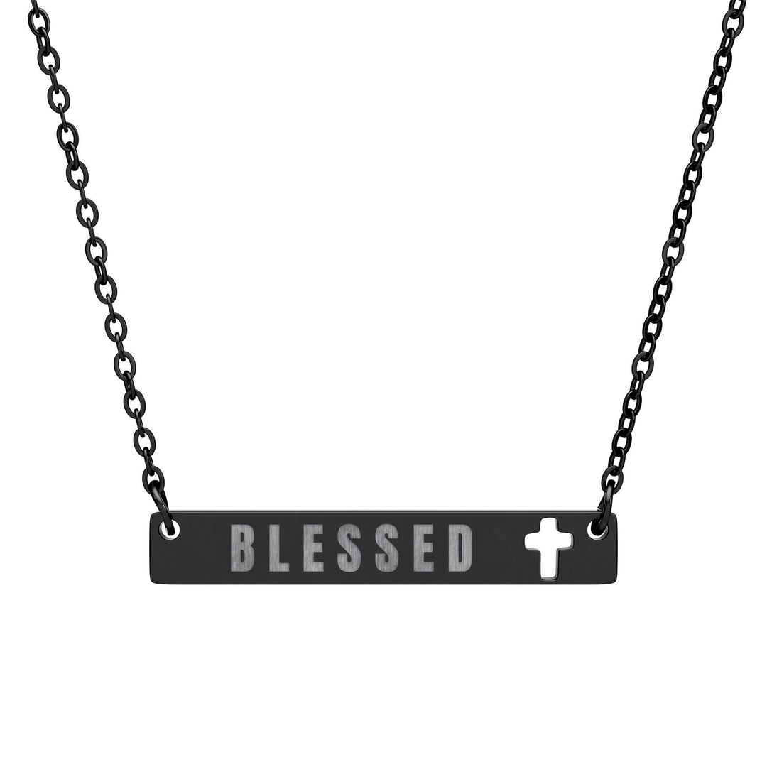 Black stainless steel Blessed necklace with cutout cross on bar pendant