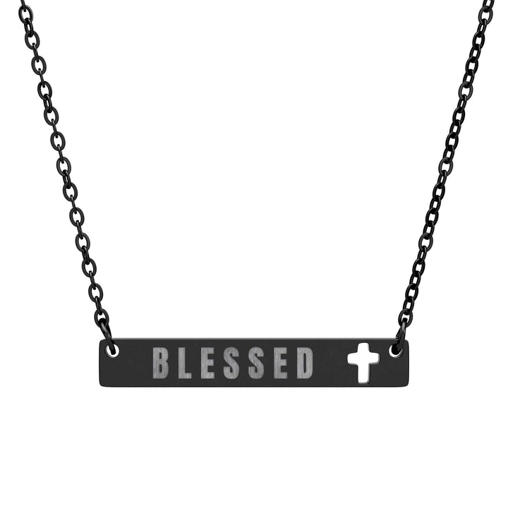 Black stainless steel Blessed necklace with cutout cross on bar pendant