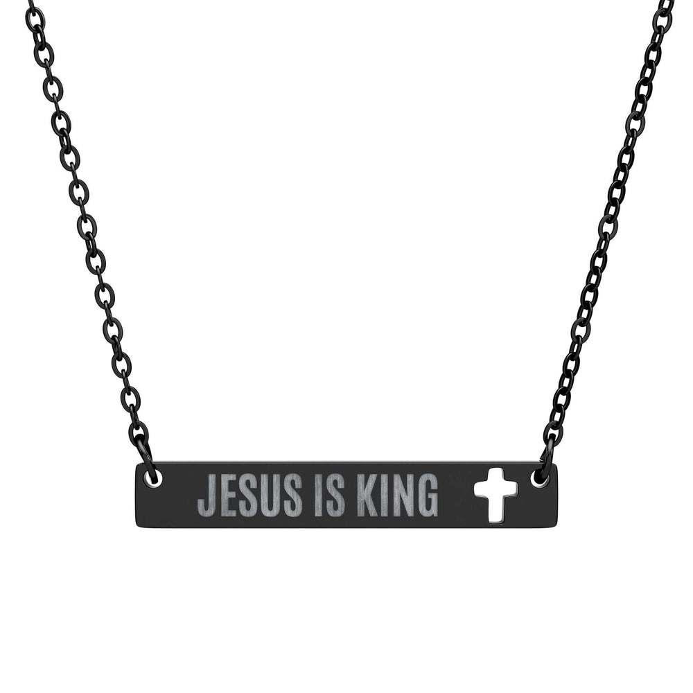 Black stainless steel Jesus Is King necklace with cutout cross