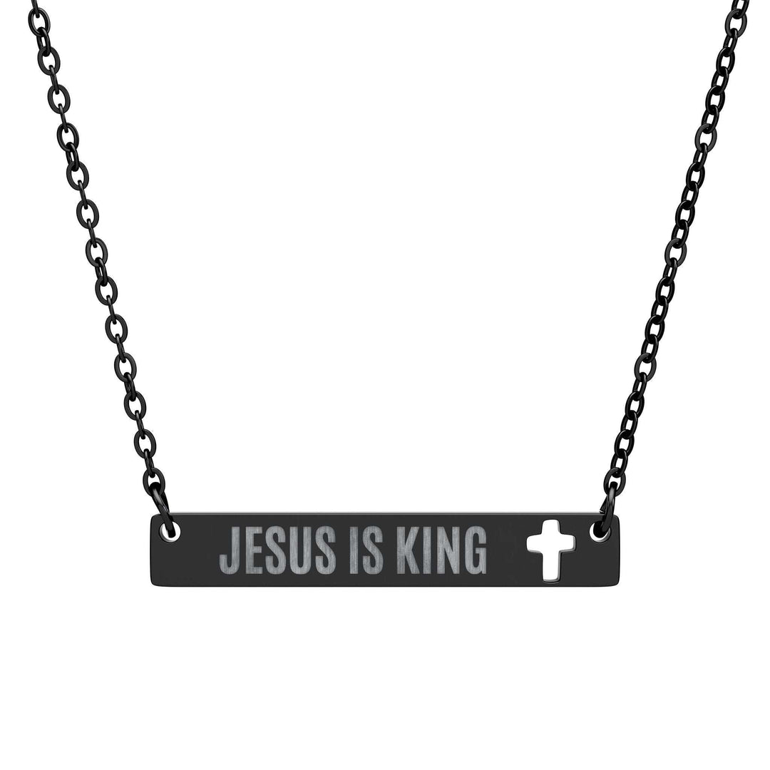 Black stainless steel Jesus Is King necklace with cutout cross