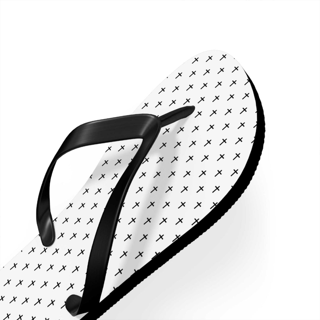 Black strap cross design flip flops with cushioned white sole