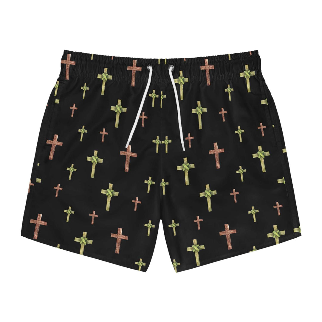 Black swim trunks with watercolor-style green and brown cross patterns