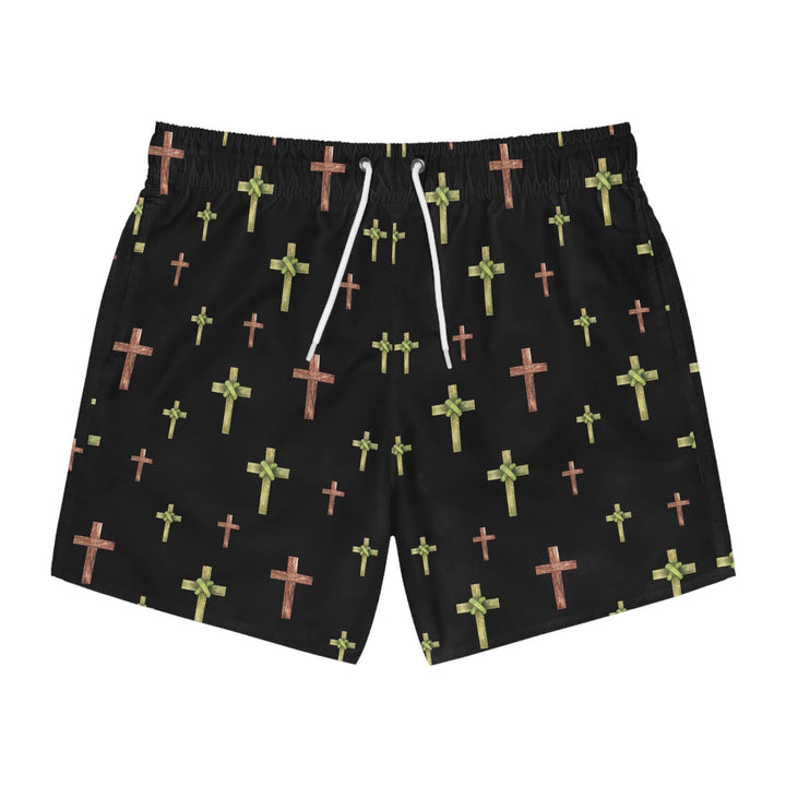 Black swim trunks with watercolor-style green and brown cross patterns