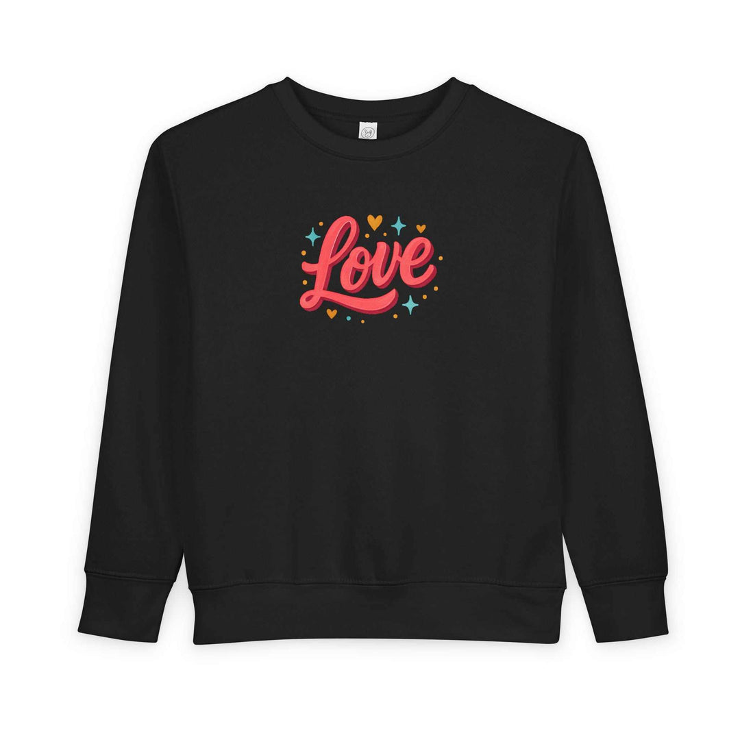 Black toddler sweatshirt with colorful "Love" text and heart design