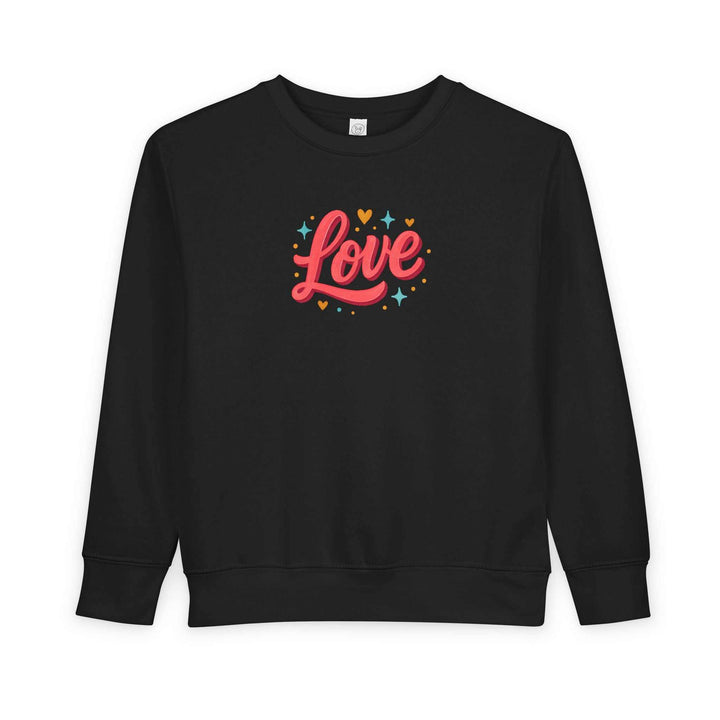 Black toddler sweatshirt with colorful "Love" text and heart design