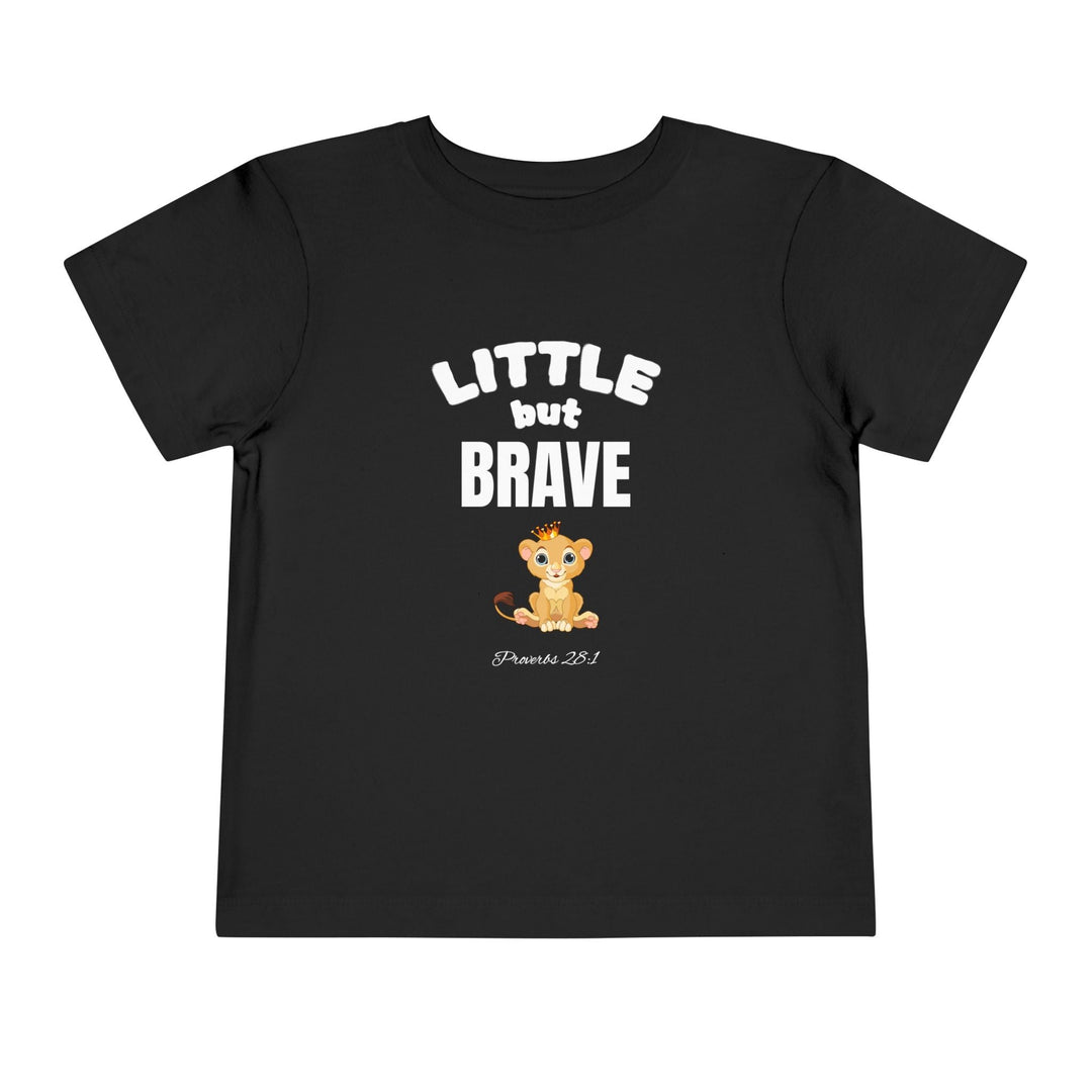 Black toddler t-shirt with "Little but Brave" text and cute lion graphic, soft cotton fabric