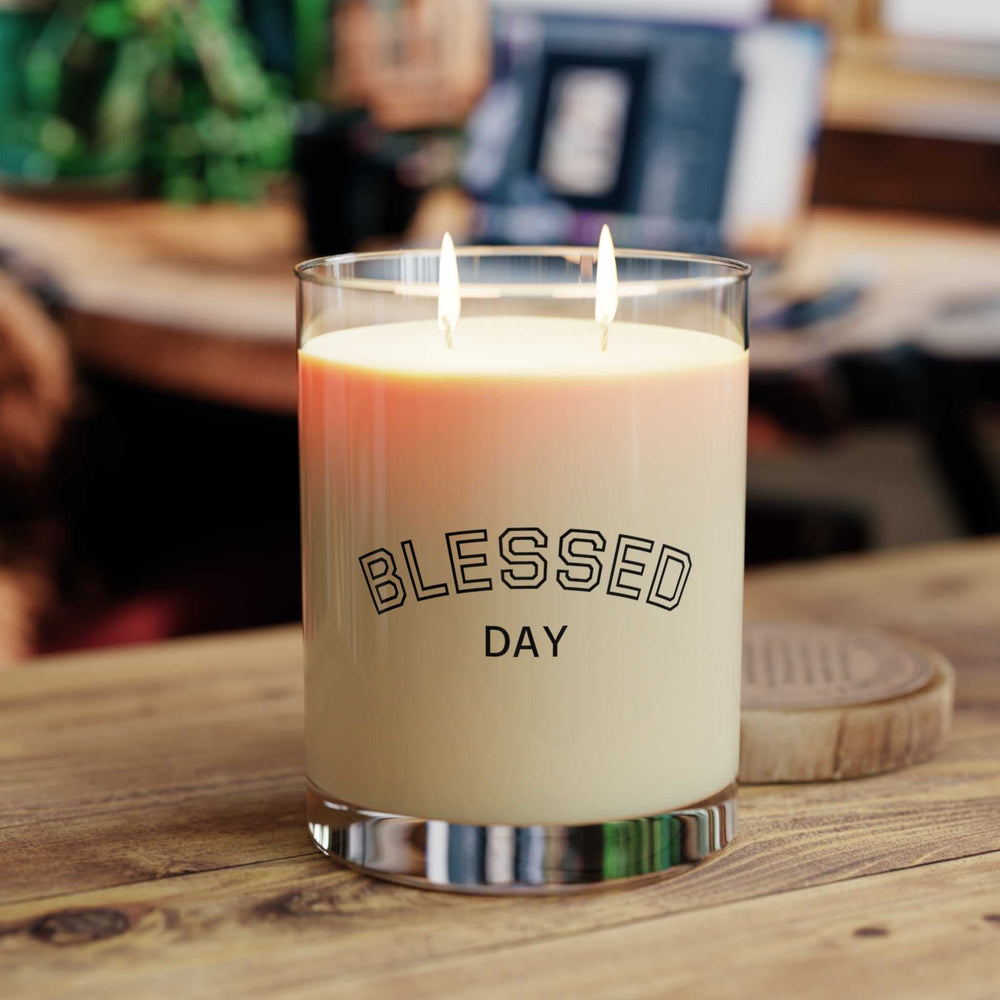 Blessed Day scented candle with two cotton wicks and 100% soy wax in a glass jar with printed label.