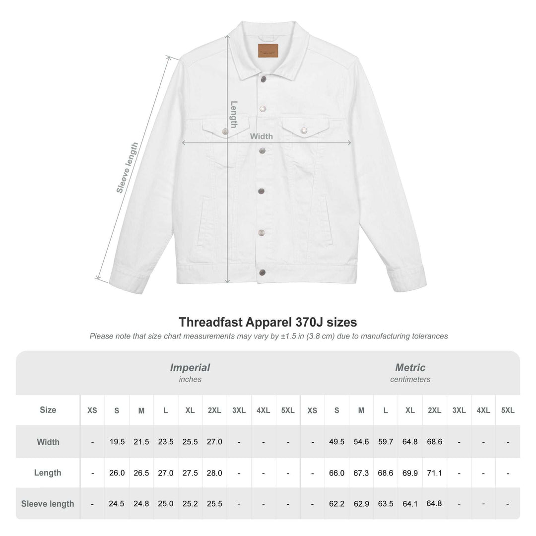 White Blessed Denim Jacket with chest pockets and button details, made of 99% cotton and 1% spandex, designed for a comfortable fit and stylish spiritual expression.