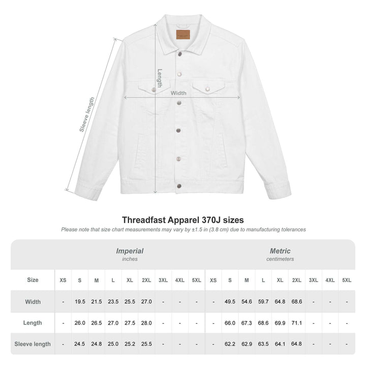 White Blessed Denim Jacket with chest pockets and button details, made of 99% cotton and 1% spandex, designed for a comfortable fit and stylish spiritual expression.