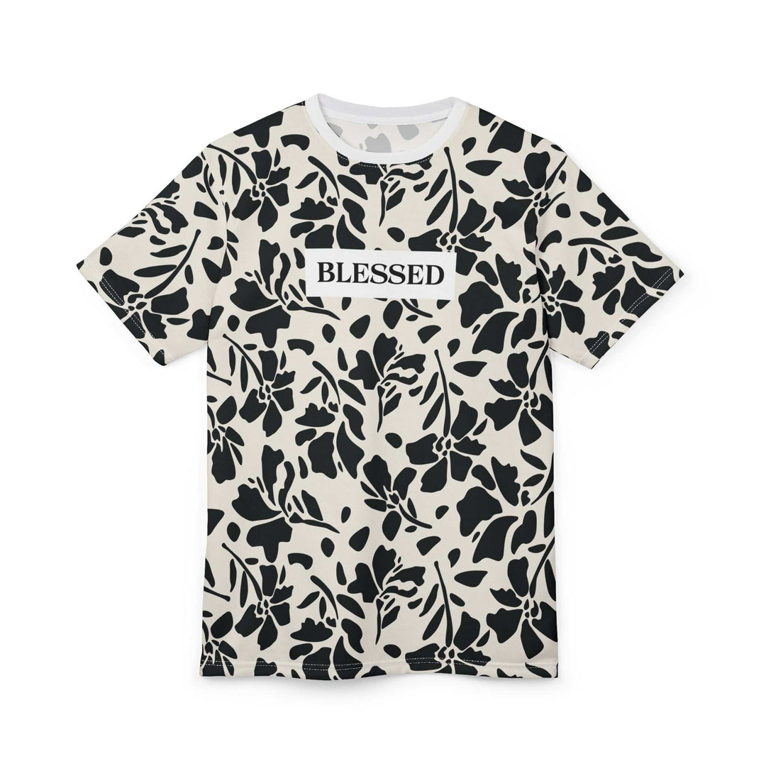 Blessed Floral Pattern T-Shirt with black floral print and "BLESSED" text