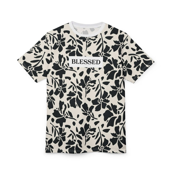 Blessed Floral Pattern T-Shirt with black floral print and "BLESSED" text