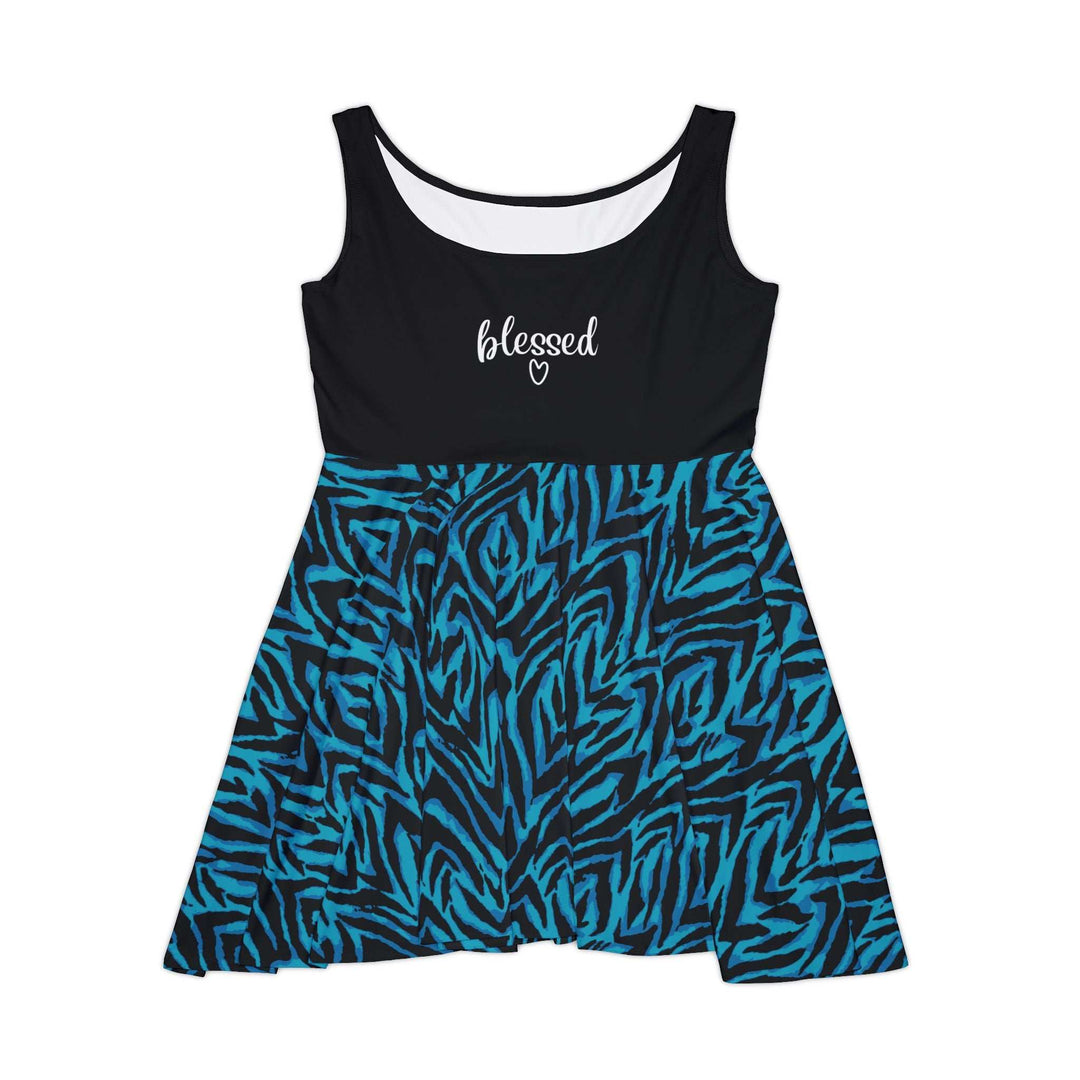 Blessed Skater Dress with black sleeveless top and blue patterned