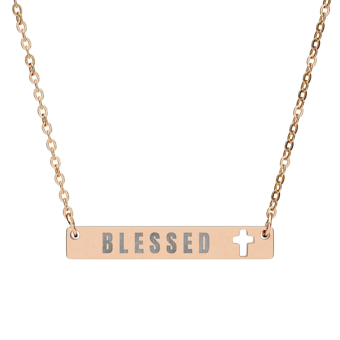 Blessed necklace with cutout cross bar in rose gold stainless steel