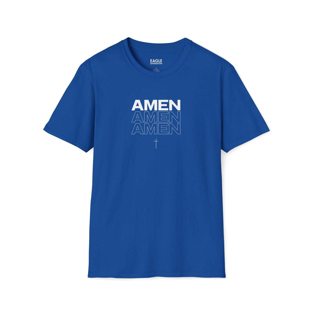 Blue Amen T-shirt with white faith-inspired text and cross symbol, classic fit, 100% cotton