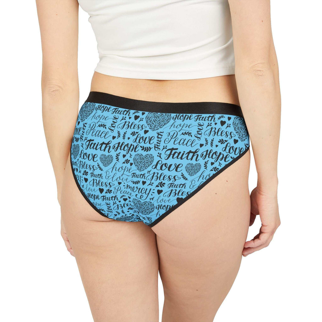 Blue Christian design underwear briefs with faith, hope, and love text