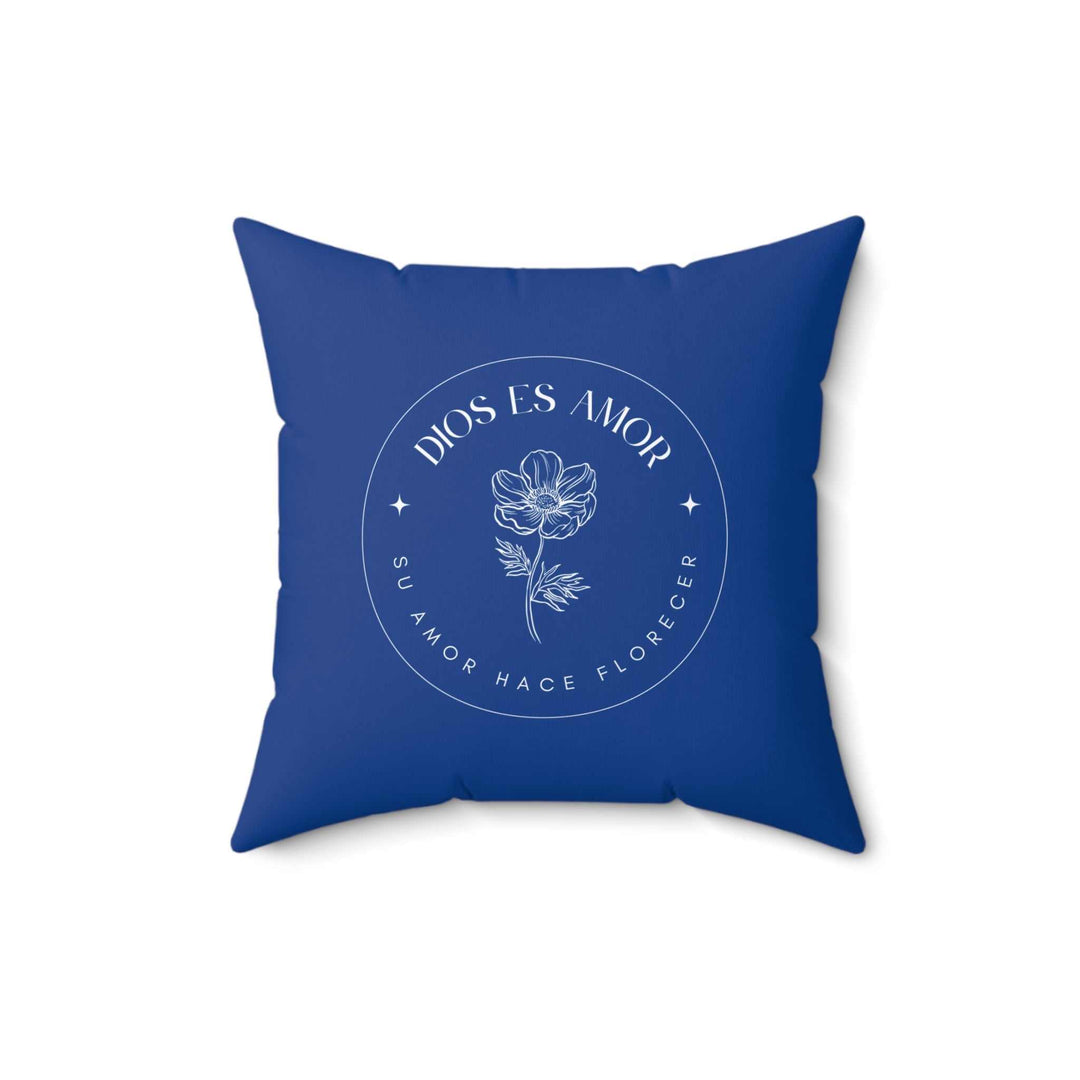Blue Dios Es Amor pillow with white floral design and inspirational text, soft polyester cushion for comfort and faith-filled decor