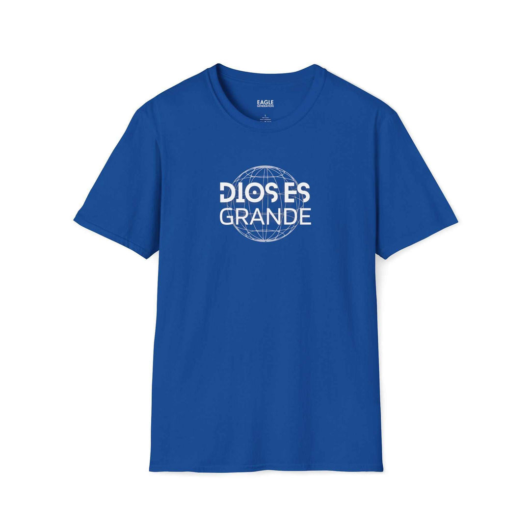 Blue Dios Es Grande T-shirt with white faith-inspired text and globe graphic, made of 100% cotton with classic fit