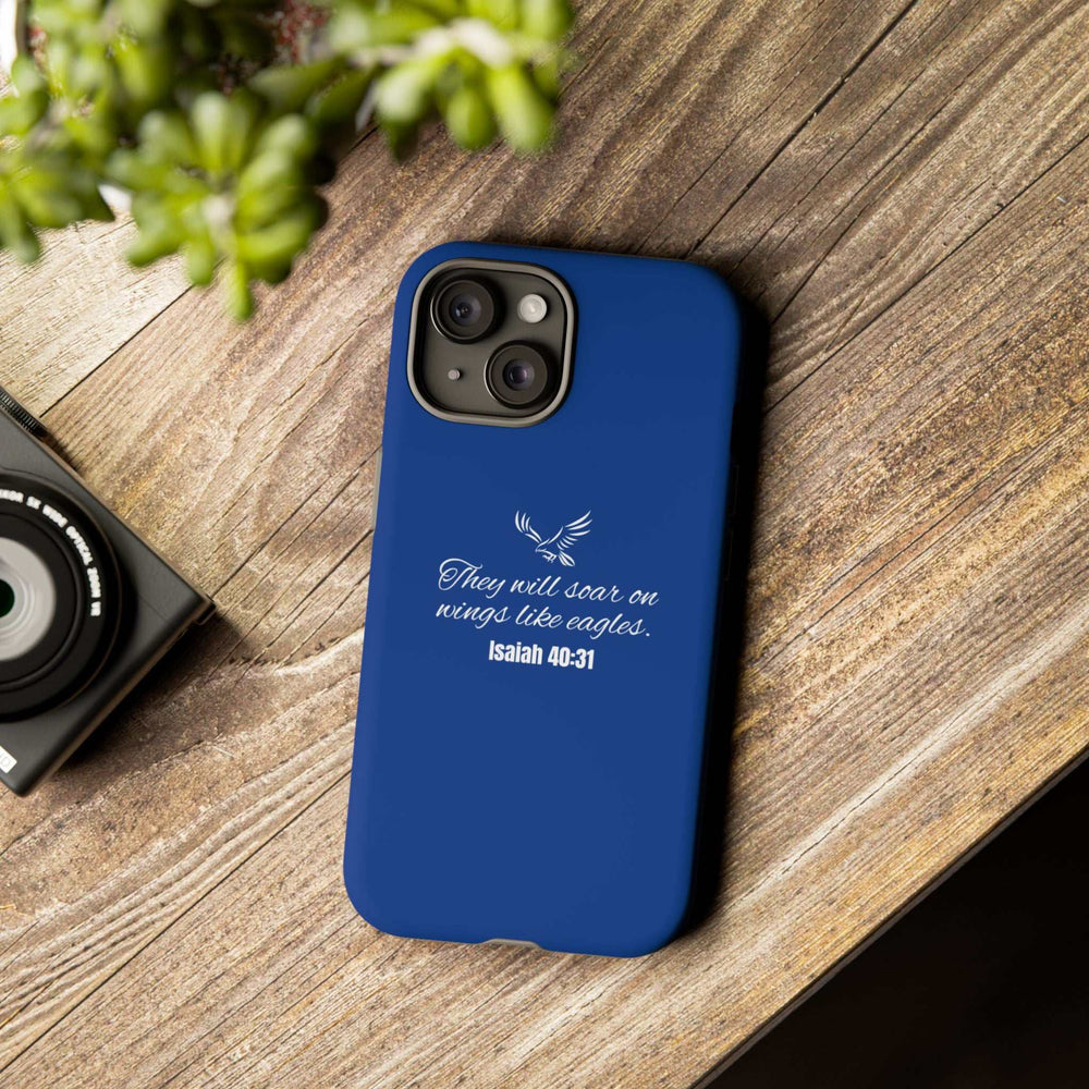 Blue Eagle Strength phone case with inspirational quote and eagle design, durable dual-layer protection with matte finish, fits smartphone.