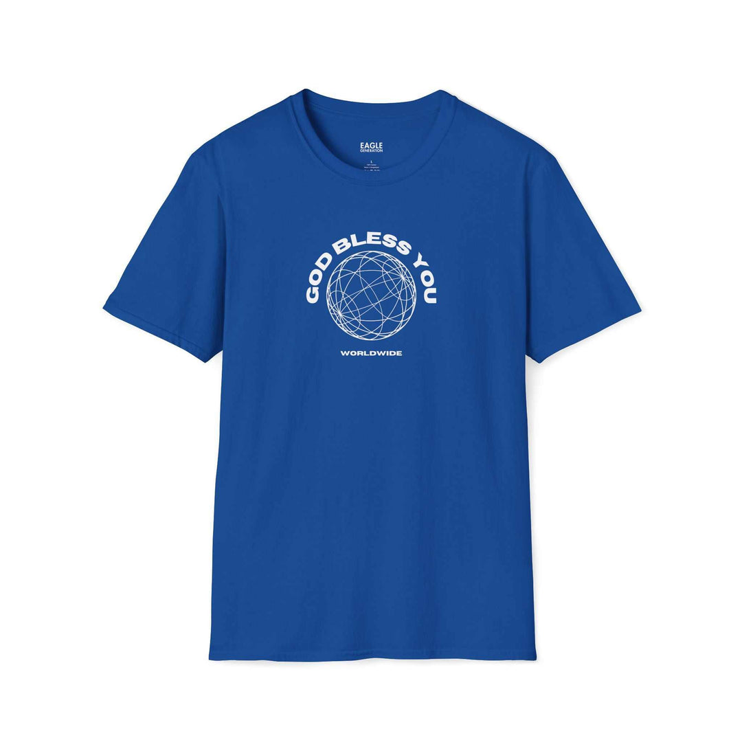 Blue God Bless You T-Shirt with globe design