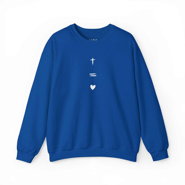 Blue God Is Love Sweatshirt with cross and heart symbols